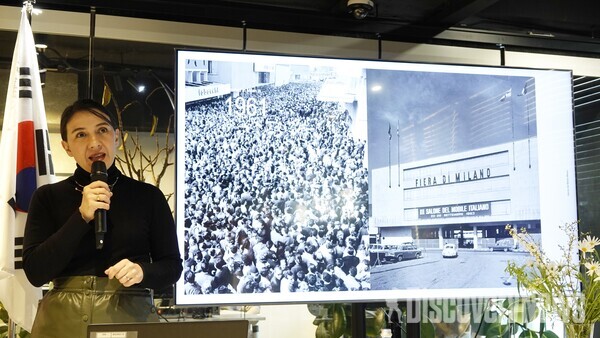 밀라노 살로네 델 모빌레 '장마리아 포로' 회장이 강연을 진행하고 있다.  [사진=디스커버리뉴스 정기환 기자]