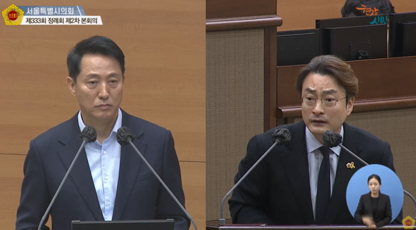 박유진 서울시의원과 오세훈 서울시장   [사진=서울시의회]